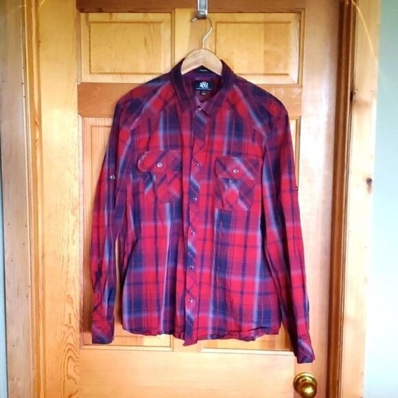 Rock & Republic Stretch Red Plaid Casual Button Down Sz XL Shirt w Pockets - Picture 1 of 11